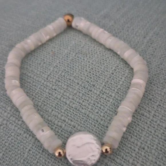 Natural Mother.of Pearl White Slices Of Pearl Rings & Pearl Coin Choker,Braclet - Picture 5 of 7
